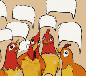 Four impressionist chickens clucking into empty cartoon ballons.
