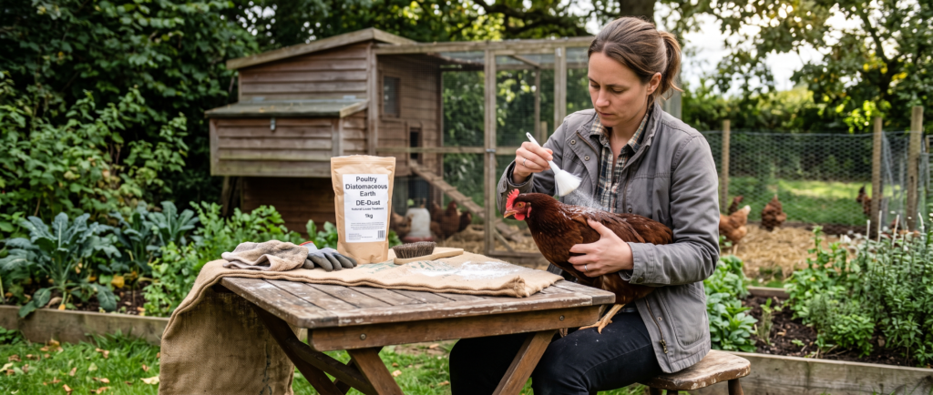 Chicken Lice Treatment Being Applied Gently to a Chicken