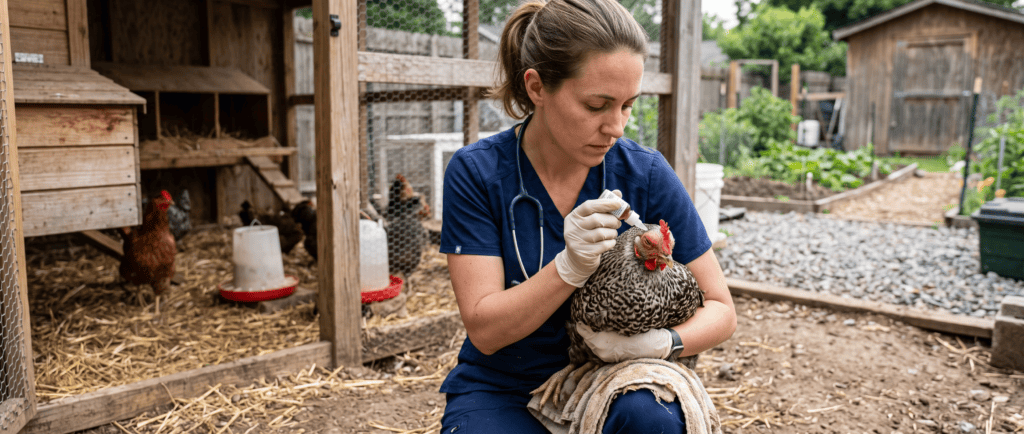 Chicken swollen eye treament being administered to a Plymouth Rock