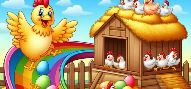 Happy chickens in a peaceful coop, laying many eggs in a steady pace down a rainbow-colored slide - Chickenmethod.com