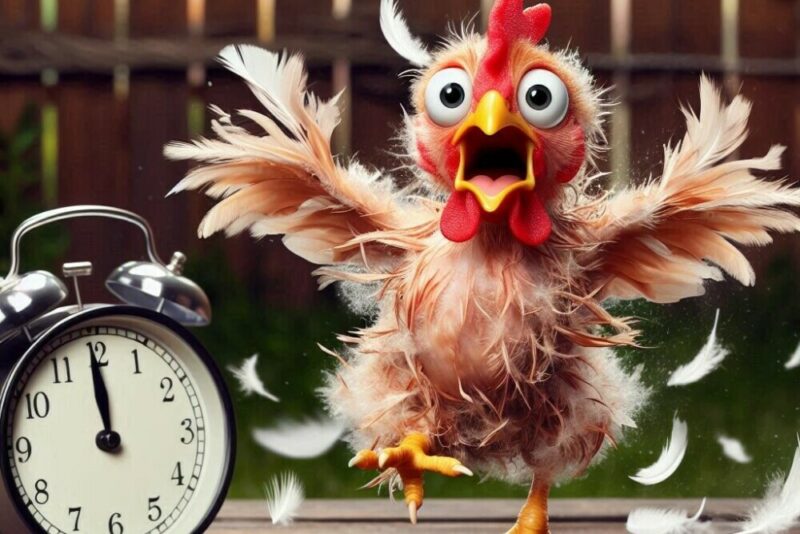 A chicken running scared with a clock because its feathers are falling off during the molt.