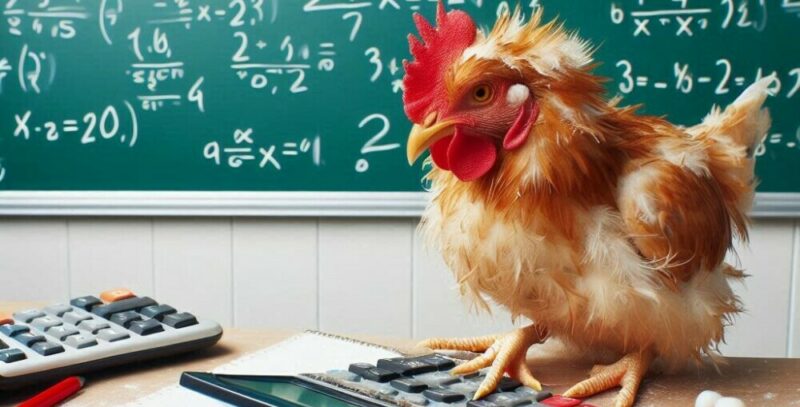 A chicken solving math problems on a calculator during the molting season.