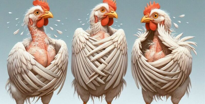 A realistic illustration of four chickens trying to cover their bodies with its wings out of embarrassment because its feathers are falling off during the molt.