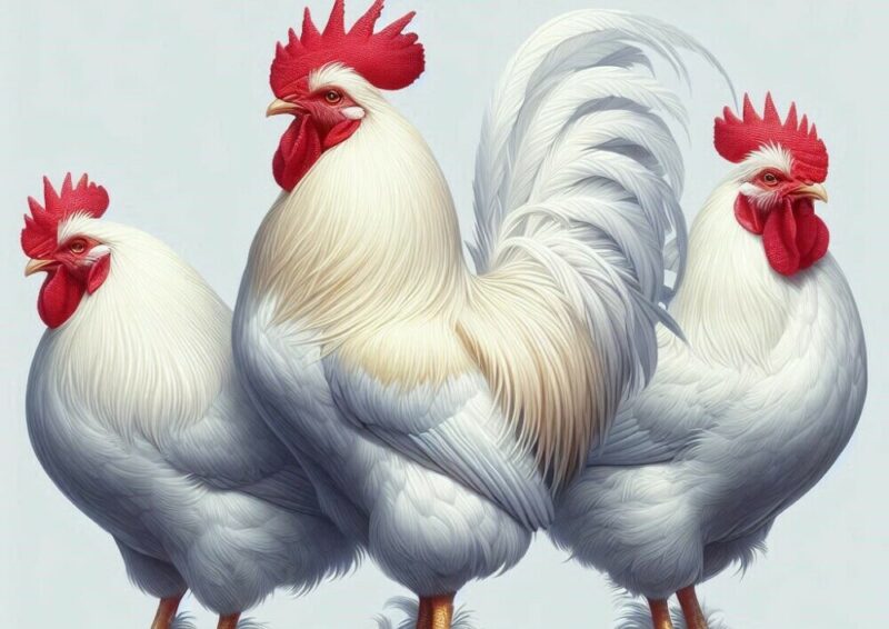 Three fully plumed white chickens.