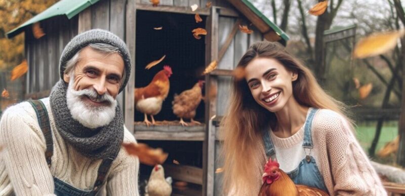 A couple of backyard chicken owners getting their chicken coop ready for winter on a blustery autumn day.