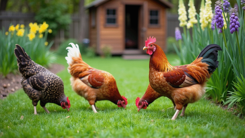 chicken foraging in garden with potentially toxic plants