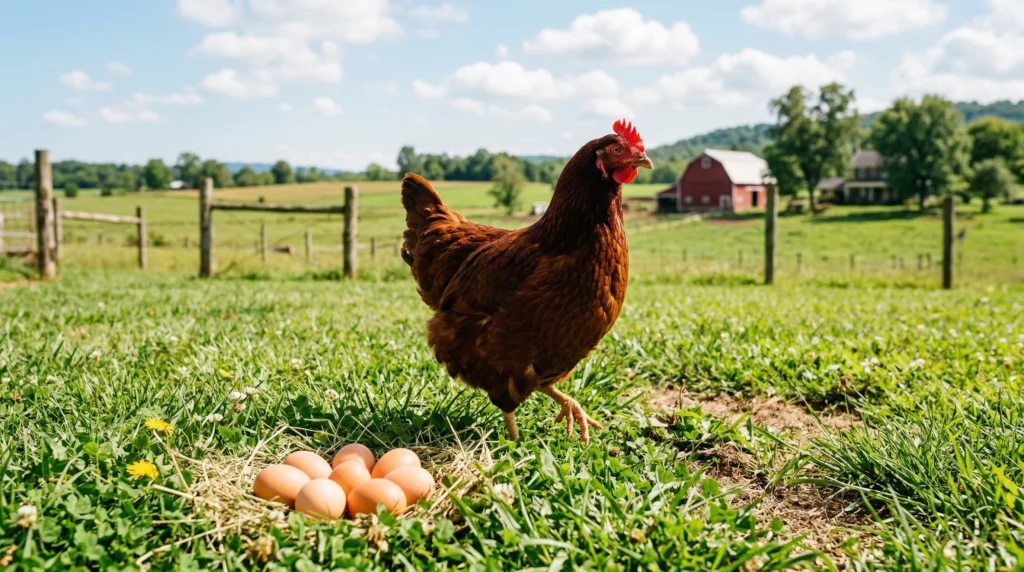 Production Red Chickens in a pasture