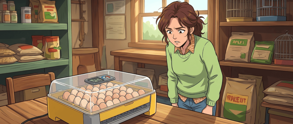 Egg incubation problems and solutions shown by confusion and frustration on this young woman's face and body posture.
