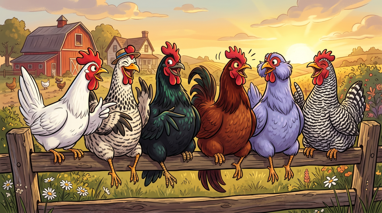 A lineup of the following mix of chickens, sitting on a fence, having a good time gossiping: White Leghorn, Delaware, Black Australorp, Rhode Island Red, Araucana, Plymouth Rock.