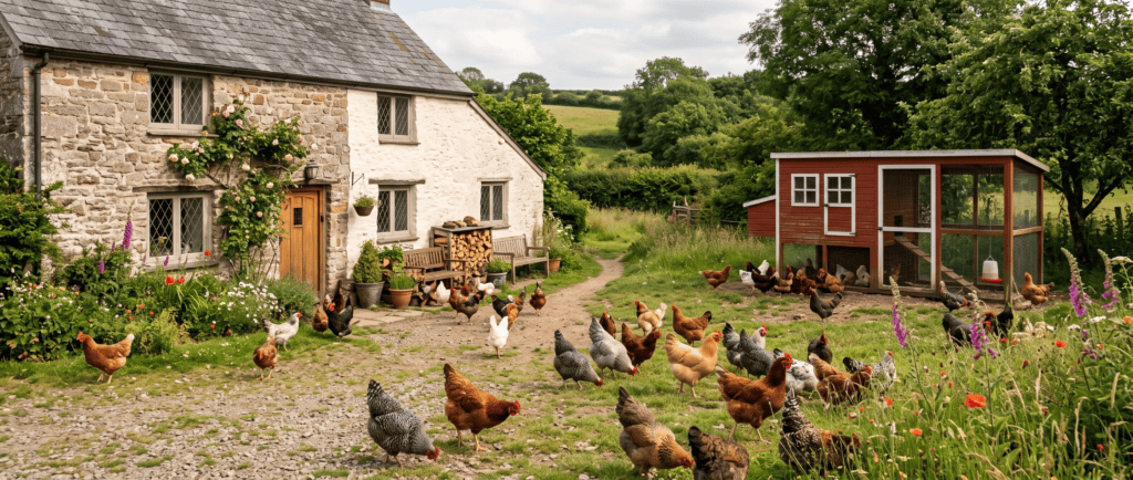 Start Here with a bucolic scene of a farm cottage and chickens of various breeds in the yard. The coop is medium-sized and red. and set away from the cottage.